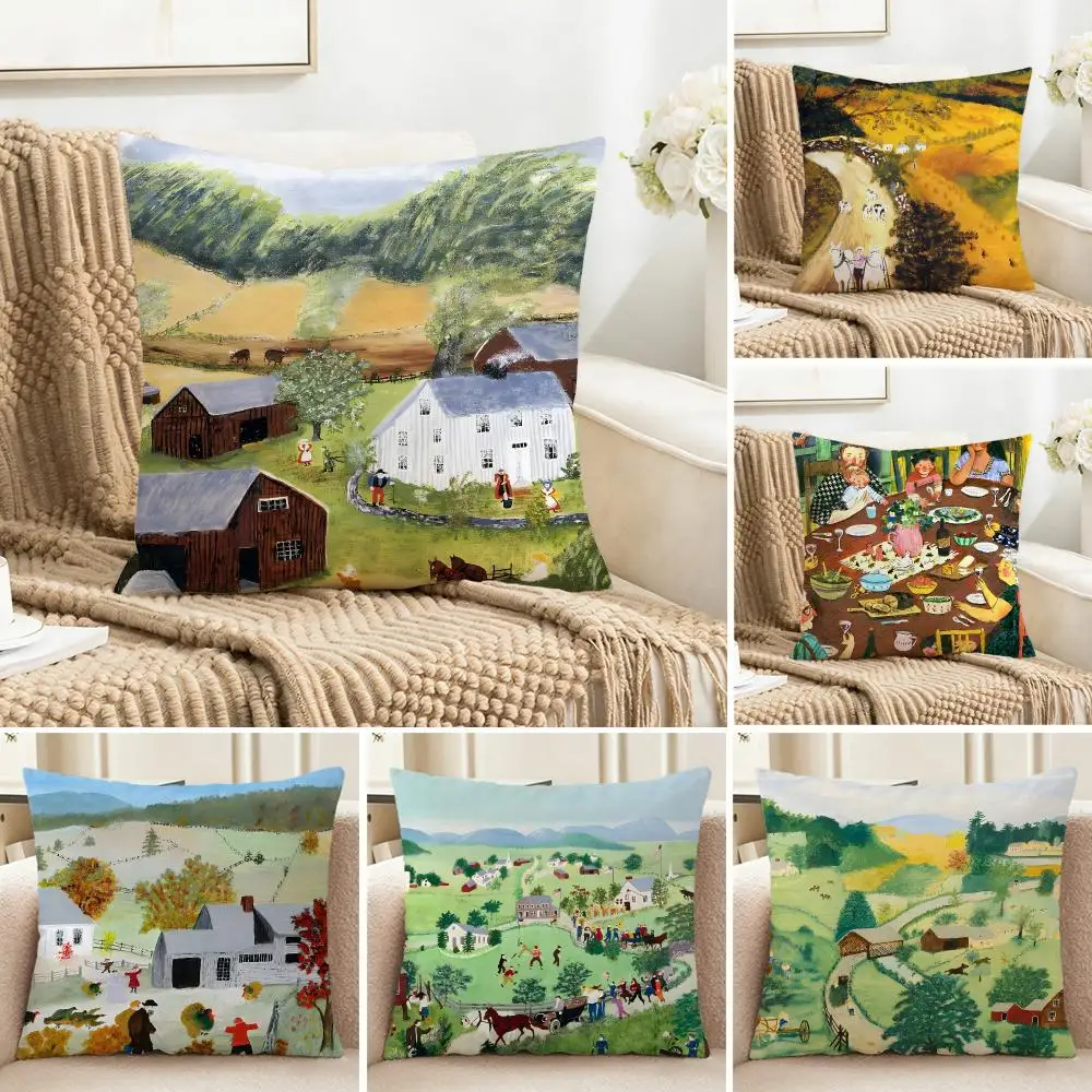 Folk Artistic Vintage Anna Mary Robertson Moses Cushion Cover Cozy Pillowcase Holiday House Interior Sofa Bedroom Accessories