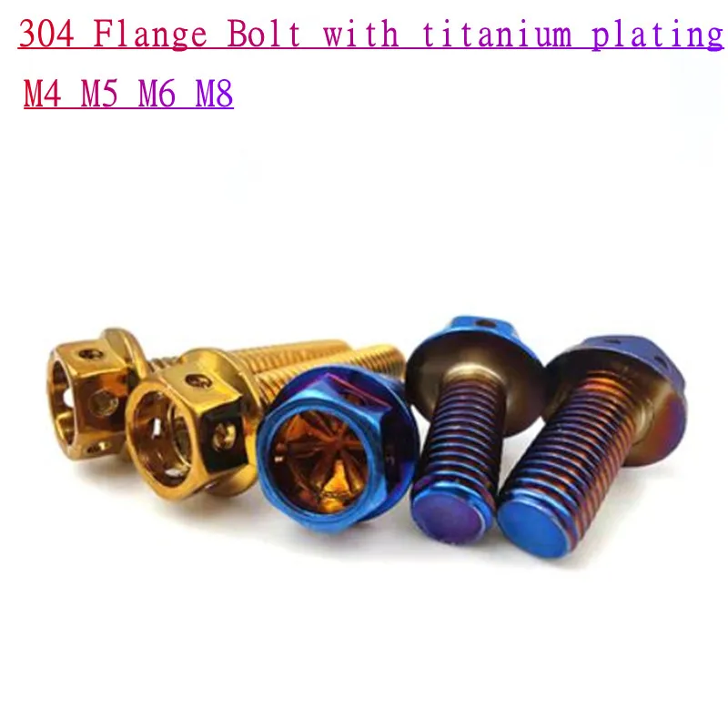 1-3pcs M4 M5 M6 M8 304 stainless steel Hexagon Flange Head Screw bolts with titanium plated blue gloden colour