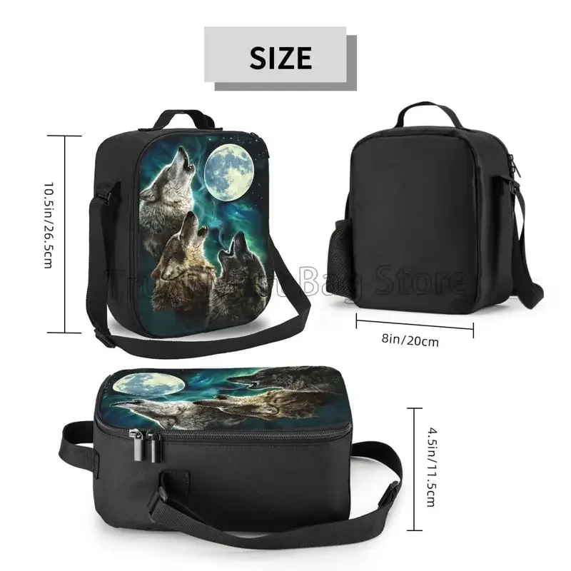 Three Wolves Howling At The Moon Print Insulated Lunch Bag Waterproof Reusable Thermal Bento Tote with Adjustable Shoulder Strap