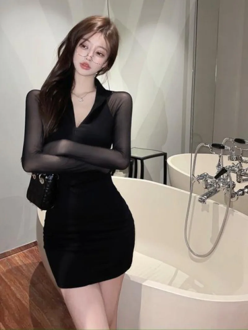 

Осеннее новое темпераментное сетчатое платье в американском стиле с длинными рукавами в стиле пэчворк, тонкое платье, сексуальное черное платье с v-образным вырезом, загадочное платье NIHW