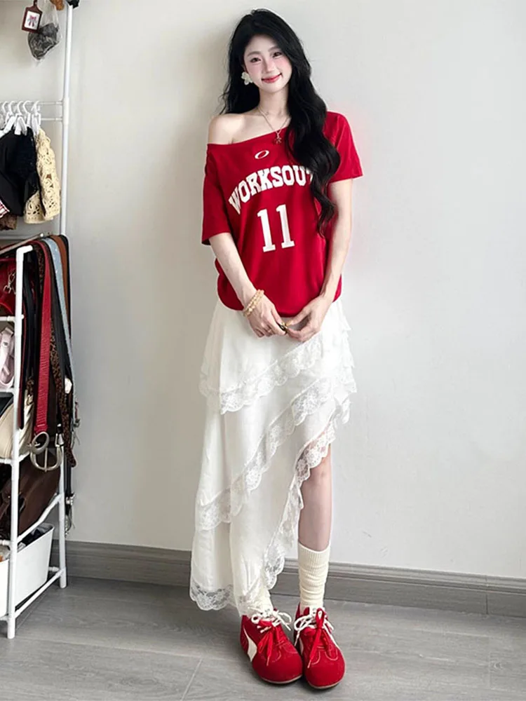 Spicy Girl Nieregularna Spódnica Midi z Koronkowym Wykończeniem, Damska Letnia, Luźna, z Elastyczną Gumką w Pasie, Asymetryczna, Retro, Krój A-Line