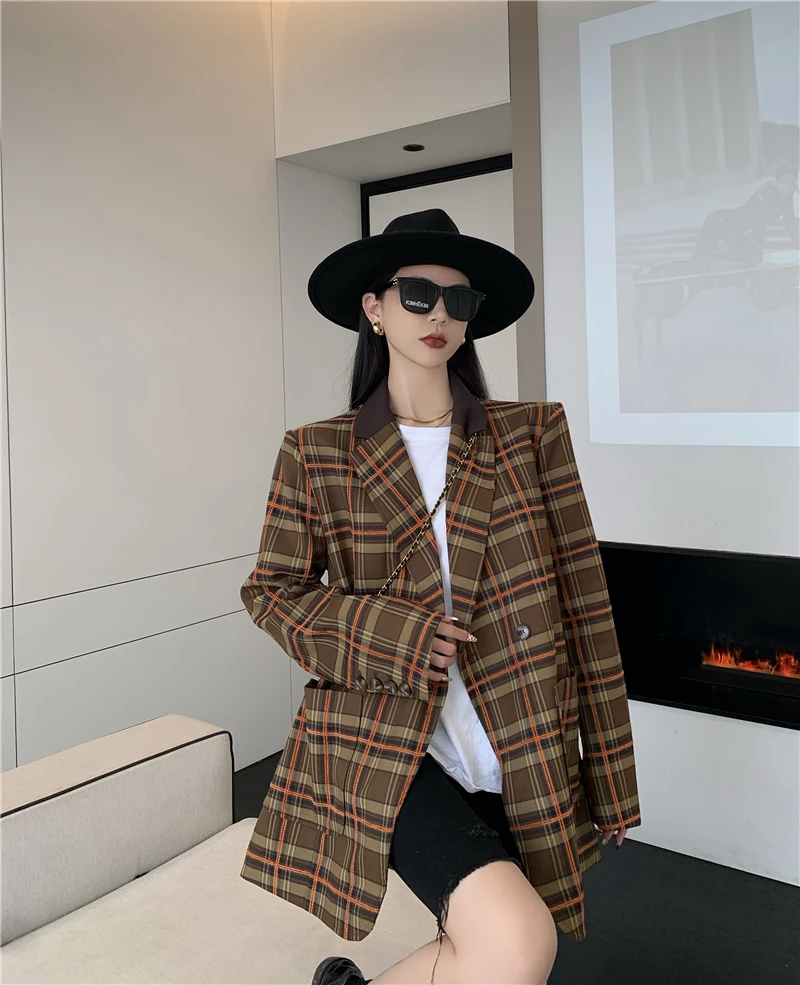 Vintage brązowy Plaid Blazers kobiety moda Casual luźna zapinana na guziki kurtki damskie wiosenny i jesienny nowy