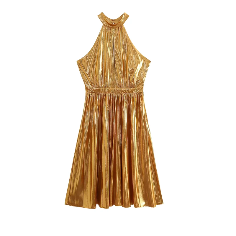 Women Gilded Hanging Neck Sleeveless A-Line Pleated Dress High Waisted Spicy Girl Bronzing Gold Mini Party Dress Skirt Vestidos