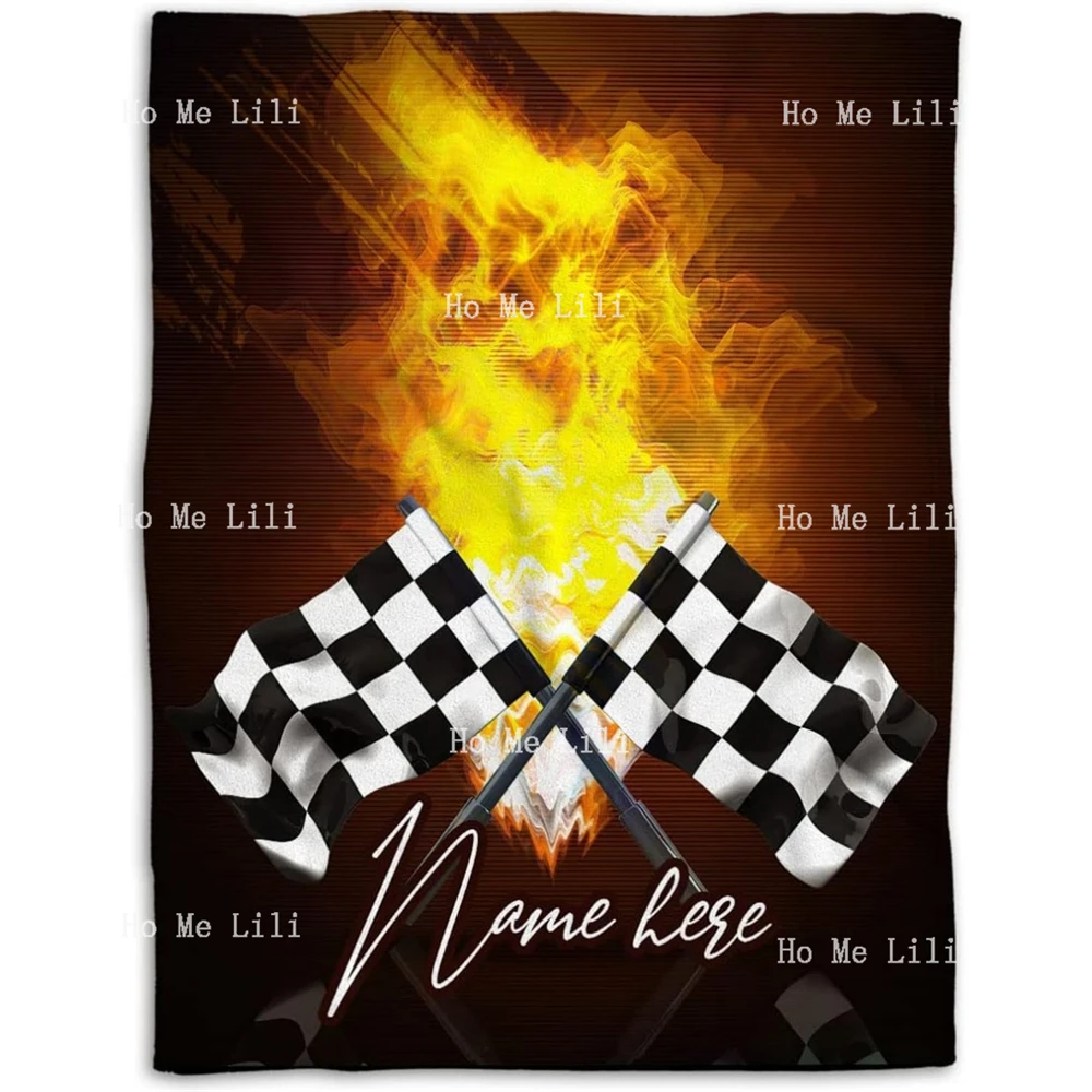 Custom Racing Lover Racer Gift Idea Fire Checkered Personalized Name Soft Throw Blankets