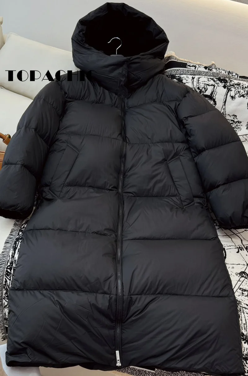 9.5 TOPACHIC-Women Fashion Long Keep Warm Thick Goose Down Outerwear Autumn Winter New Hooded Double Zipper Straight Down Jacket