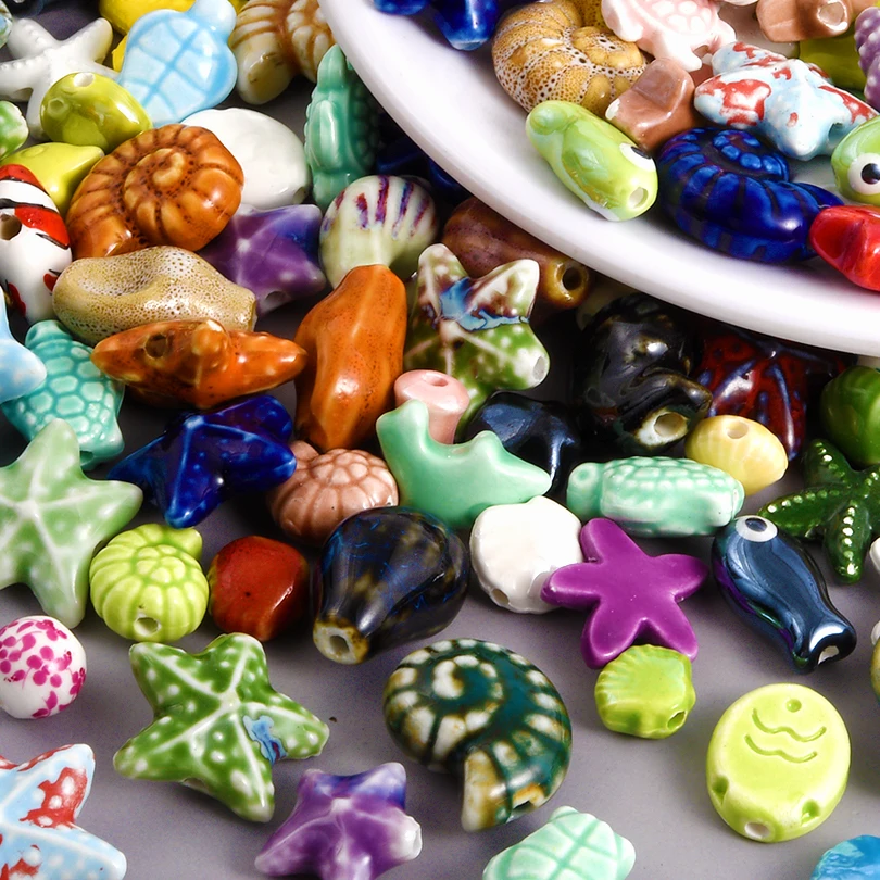 30/50pcs Ceramic Material Marine Life Colorful Beading Tropical Fish/Turtle/Conch/Starfish Loose Beads Diy Jewelry Making Bulk