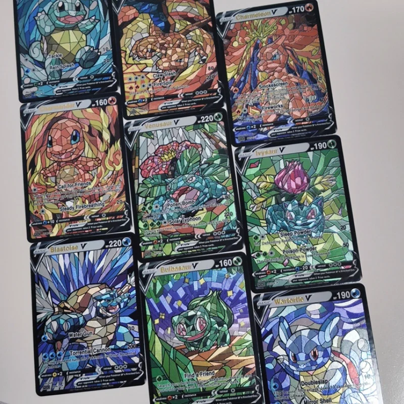 9Pcs/set Pokemon Charmander Squirtle Bulbasaur Church Style Series Coarse Flash Anime Game Characters Collection Cards Toys Gift