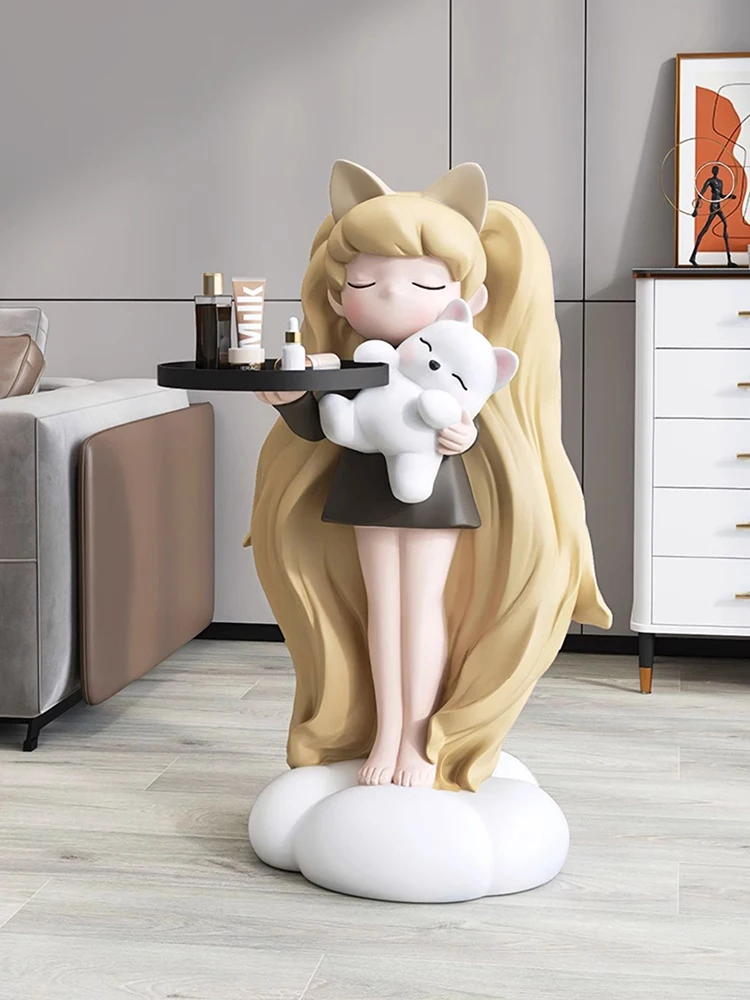 Home Decor Long Haired Girl Statue Floor Storage Rack Tray Storage Sculptures Girl Living Room Large Floor Decor Sofa Side Table