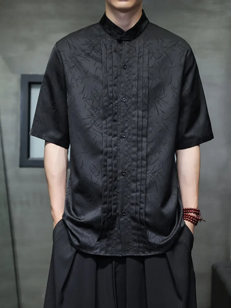 

Ice Silk ort Sve irt Men's Summer Thin High-End Feel Floral Embroidery Button up Vintage Tang Costume Hanfu irt