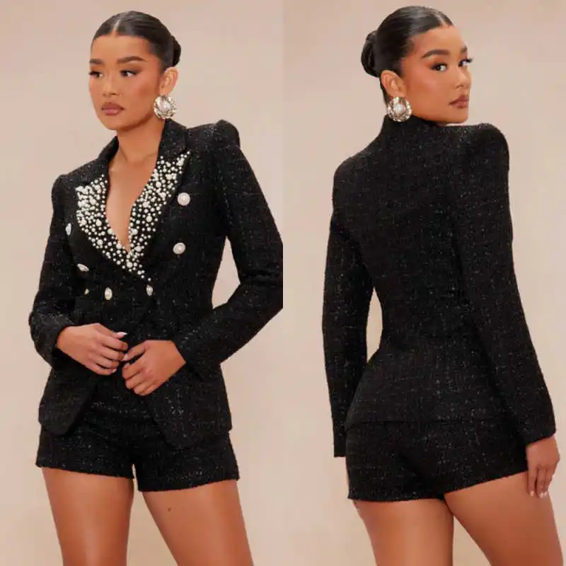 خمر 2 قطعة النساء الدعاوى فساتين بلغت ذروتها التلبيب اللؤلؤ السترة سليم صالح مخصص السراويل القصيرة ثوب السلطة