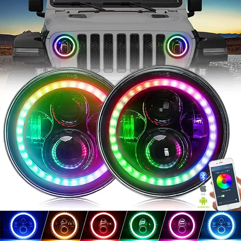 

Halo 7lnch Round Led Headlight RGB BluetoothApp Controlled 7" For Harley Davidson TouringFat Boy Jeep Wrangler JK L CJ TJ