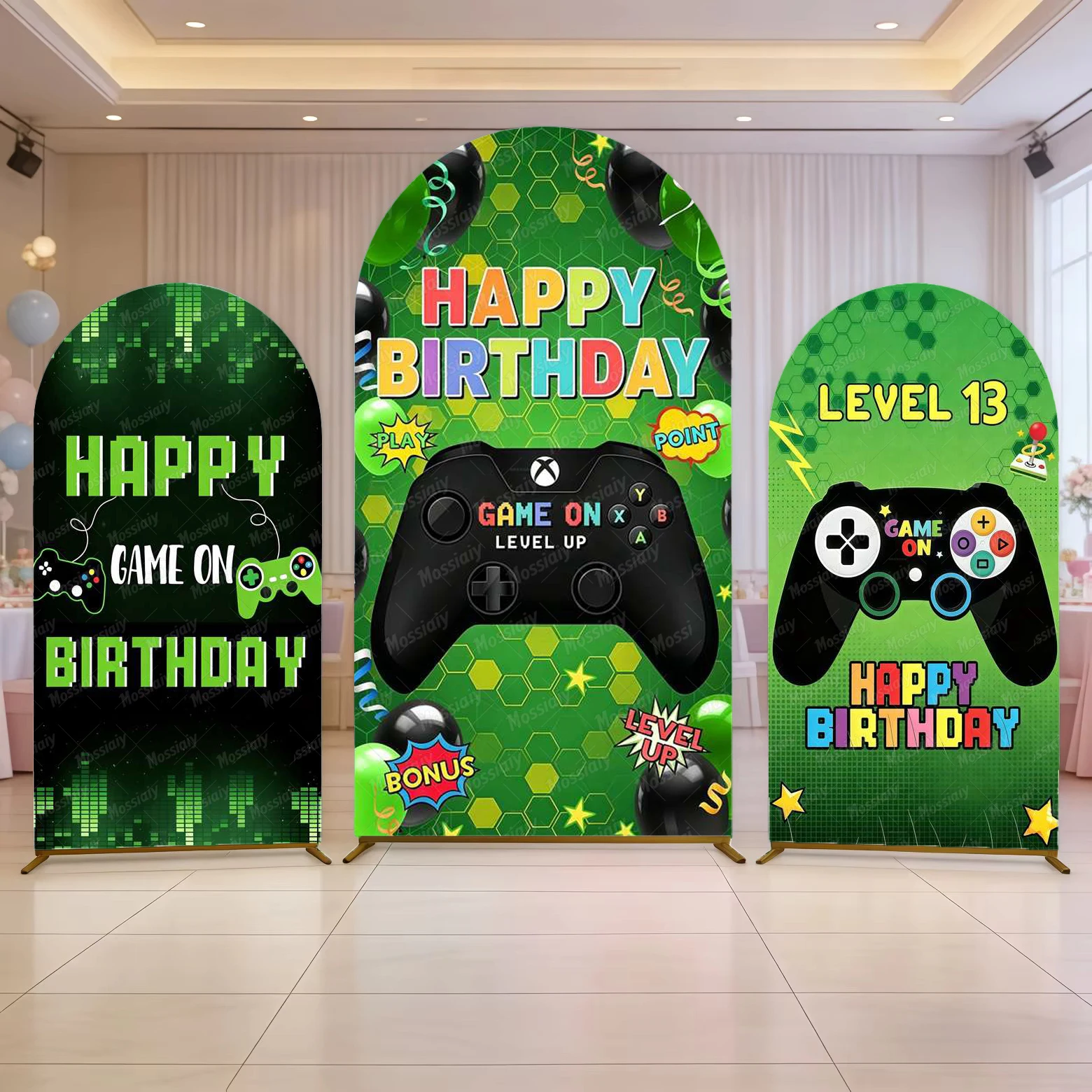 Game Theme Arch Backdrop Blues Hexagonal Design Handle Pattern Kids Birthday Gaming Theme Party Decor Photo Photographic Props
