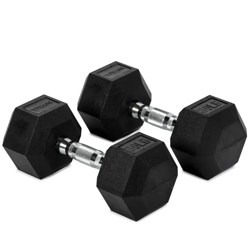 Large Fitness Equipment 30 LB Pair Free Weights, Black Rubber Coated Hex Dumbbell