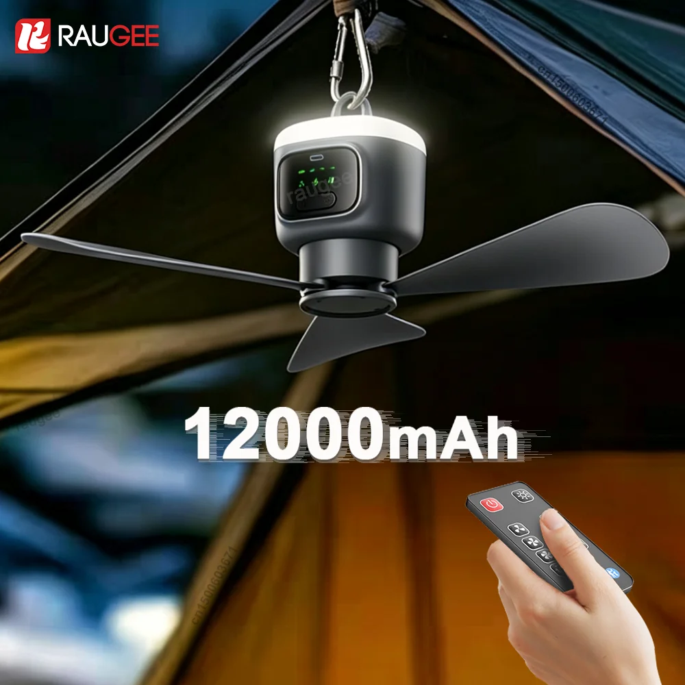 

Portable Camping Fan Tent Ceiling Fans Air Circulator Cooler 12000mAh Outdoor Rechargeable Electric Fan LED Light Remote Control