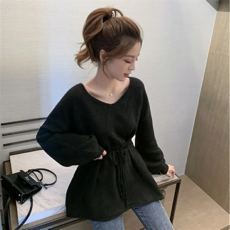 Autumn New Korean Style Lace up Waist Lantern Sleeve Knit Pullovers Female Sweater Loose and Slim Woman Sweater Fashion Top Tees