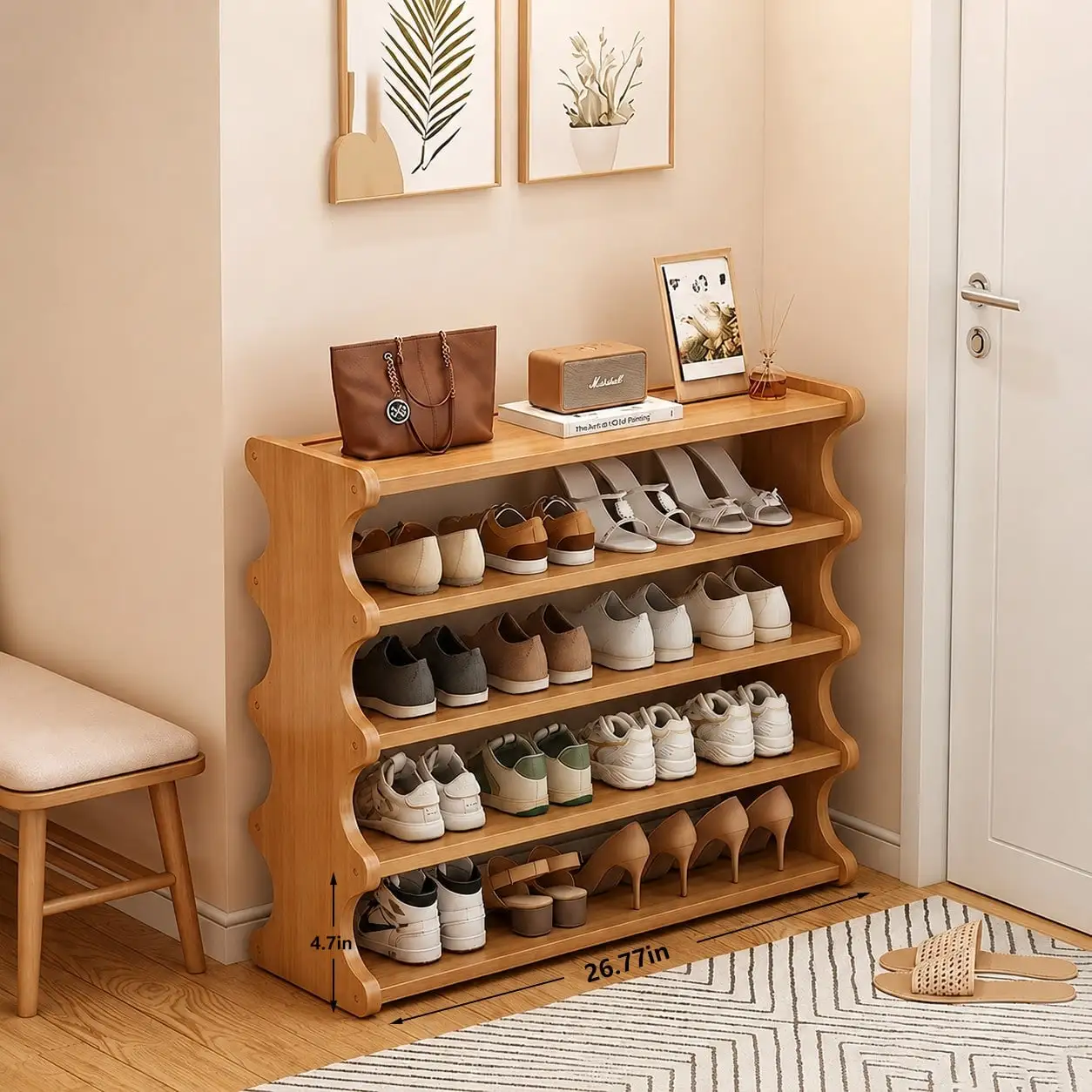 Christmas Gift Bamboo Shoe Rack | Wood Grain Veneer Shoe Storage Rack, Easy To Assemble, Space-Saving, Suitable For Front Door Entrance, Entryway, Living Room, Bedroom, Garage.
