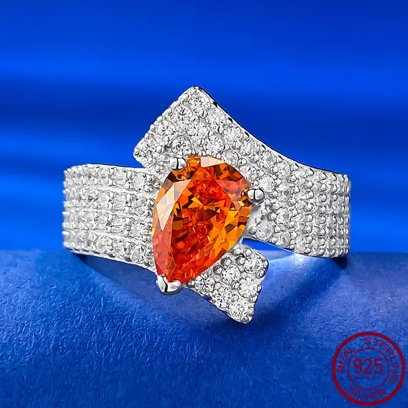 New 925 Silver 2 Carat Fenda Orange Micro Set with Diamond Ring Ring 6 * 9 Pear shaped Orange Pretty Orange gift Jewelry