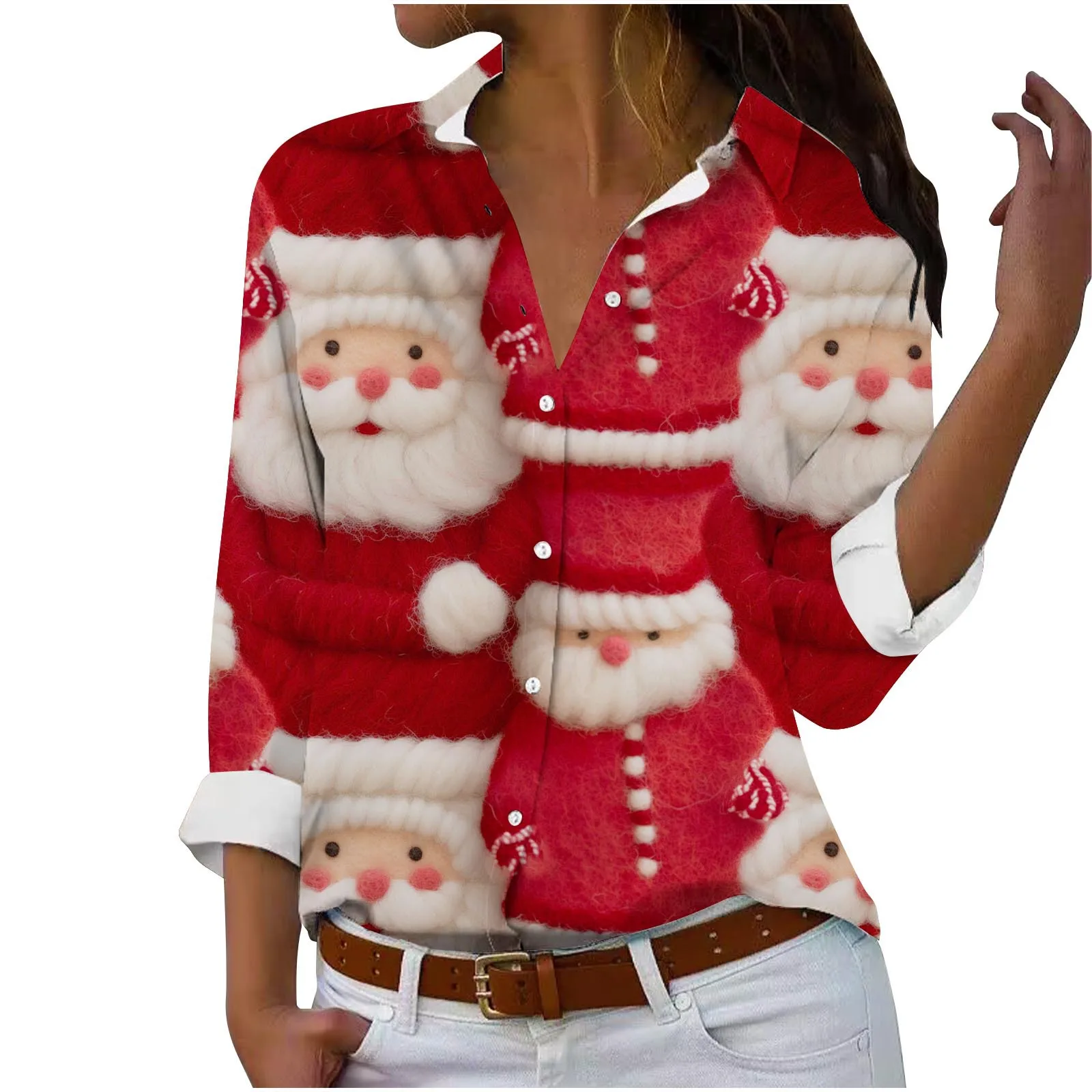 Woman Clothing Cheap Clothes Santa Clause Printing Long Sleeve Lady's Fashinon Top For Christmas Celebration Party.