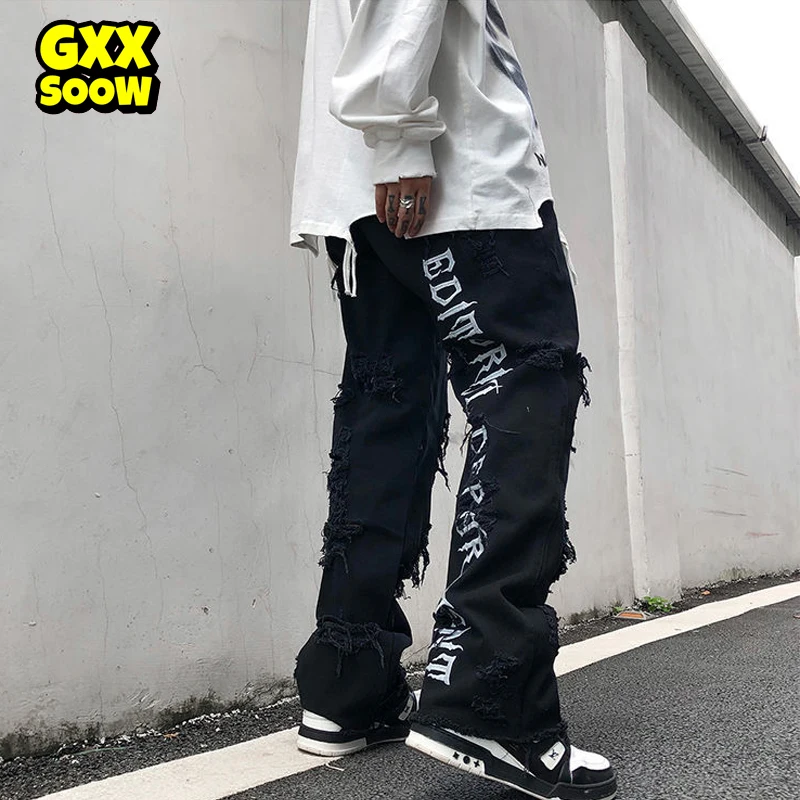 

Hole Letter Embroidery Jeans Men Streetwear Loose Destroyed Ripped Jeans Homme Hip Hop Broken Biker Denim Pants Black