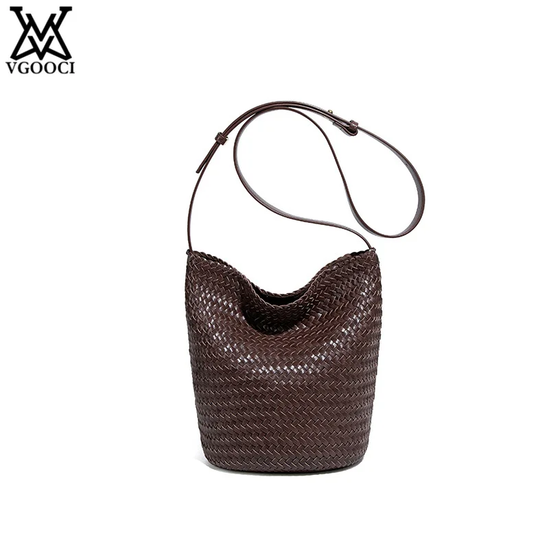 

VGOOCI Vintage England Style Small Bucket Bag Luxury Designer Women's Handbag PU Leather Woven Underarm Shoulder Bag