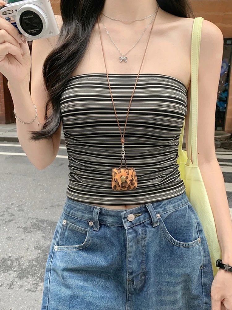 2026 Summer Women Lyocell Striped Tube Top Outerwear Figure Flattering Sleeveless Basic Layering Tank Top Korean Sexy Crop Top