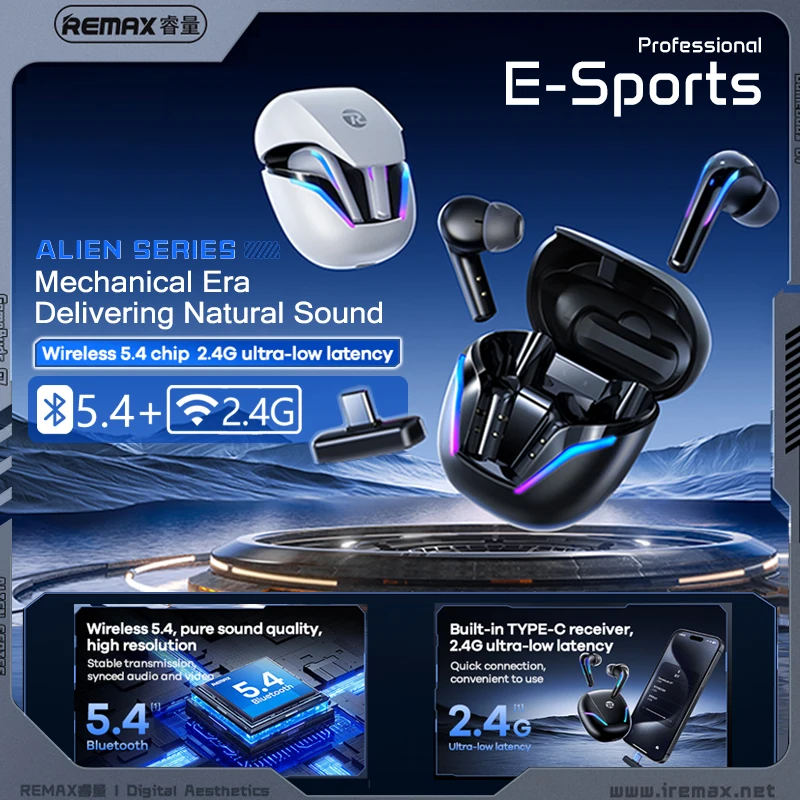 

REMAX Alien Series Wireless 2.4G + Bluetooth 5.4 Gaming Headset TWS Hifi Stereo GameBuds G7 Professional E-Sport Headset