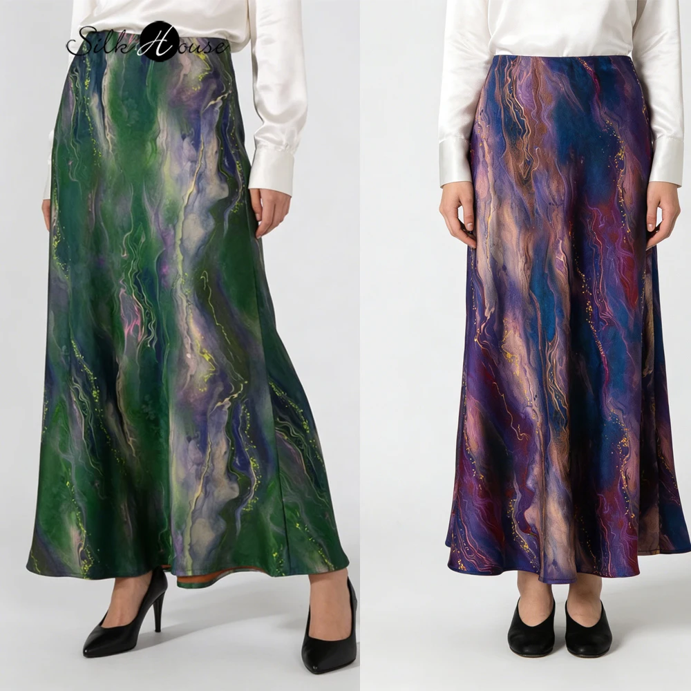 Women's Fashion Clothing 100% Natural Mulberry Silk Fragrant Cloud Yarn Gradient Color Elongated Oblique Cut Fishtail Skirt