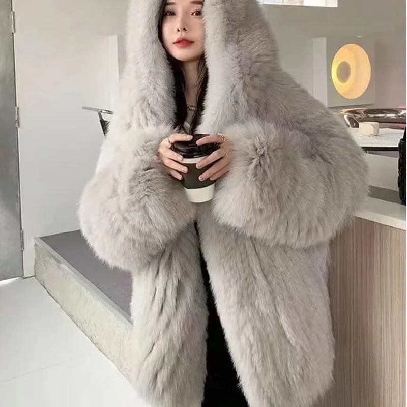 2023 NEW High-quality Fox Fur Coat Woman Short Jackets Hooded Overcoat Autumn Winter Young Lady Faux Fur Fluff Coats Loose Tops