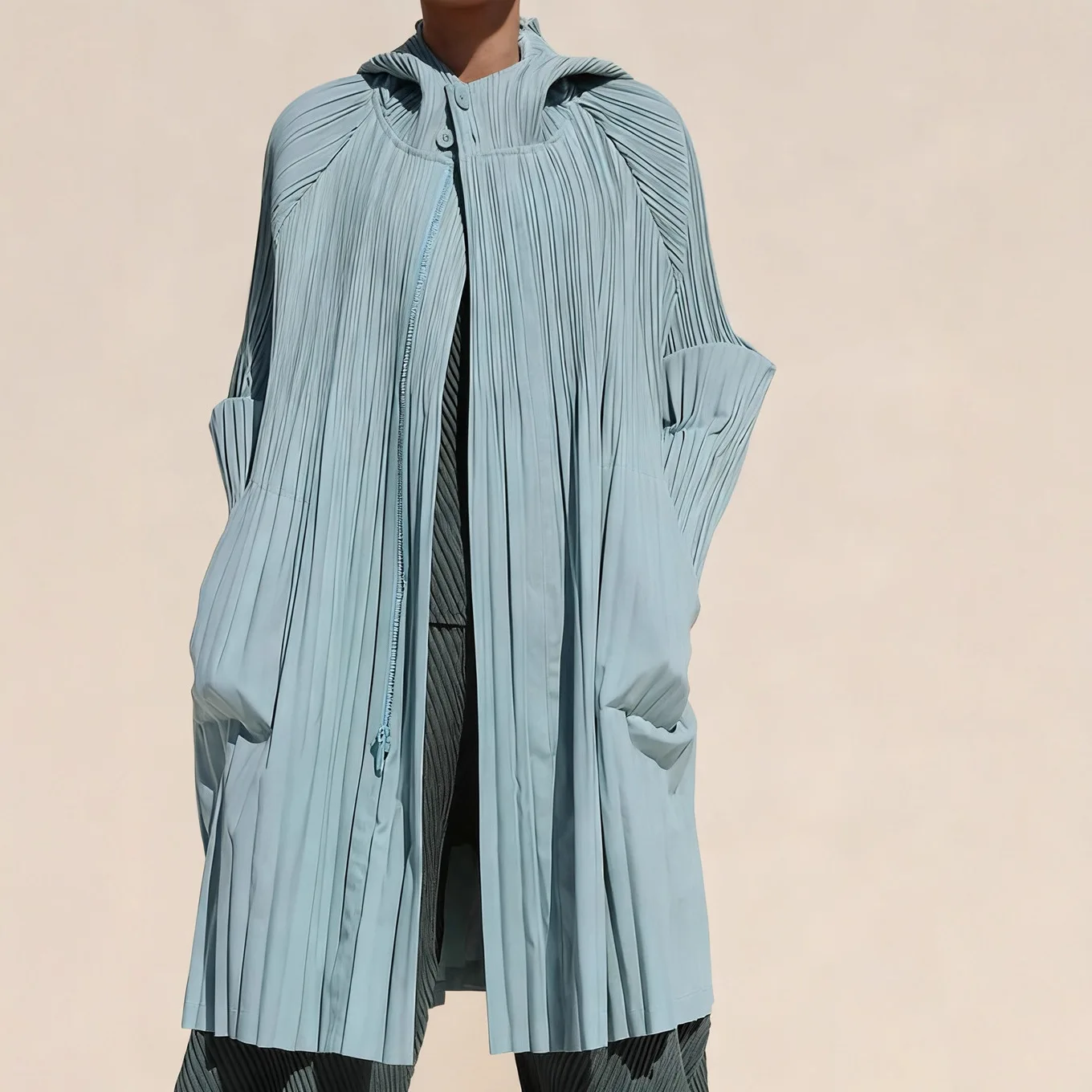 Miyake Fold Otoño Invierno 2025 nuevo rompevientos medio largo suelto moda grande mujer versátil cómodo rompevientos plisado