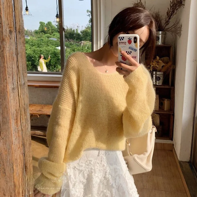 

Pullovers Women Trendy Soft Candy Colors Sweaters Sexy V-neck Loose Spring Autumn All-match Long Sleeve See-Through Elegant Chic