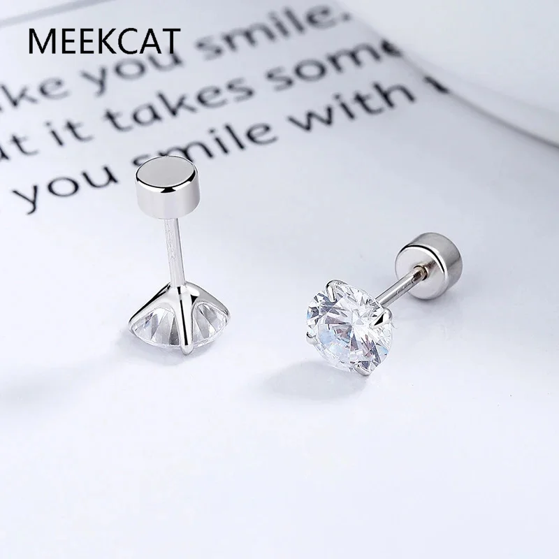 925 Sterling Silver Sparkling Zircon 3/4/5/6/7/8MM Round Screw Bead Stud Earrings Pendientes For Women Classic Fine Jewelry