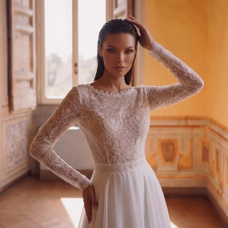 Detachable Skirt Lace Chiffon Wedding Dress Lace High Neck Long Sleeves 2-in-1 Style Vintage Elegant Bridal Gown Customizable
