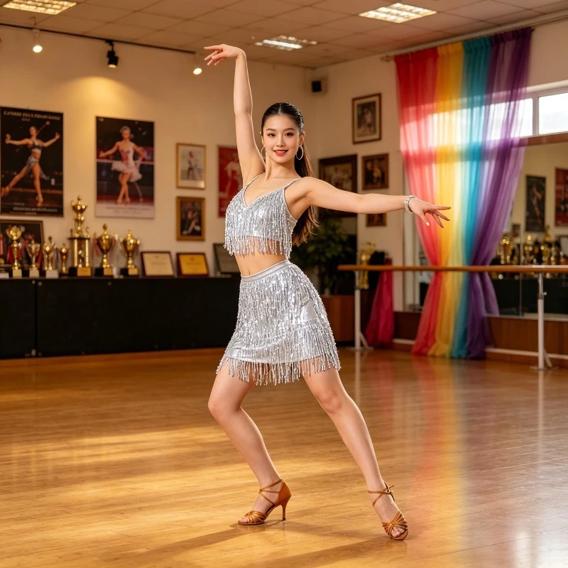 women-sequins-fringe-latin-dance-outfit-multi-color-bustier-skirt-elastic-performance-costume-performance-accessories