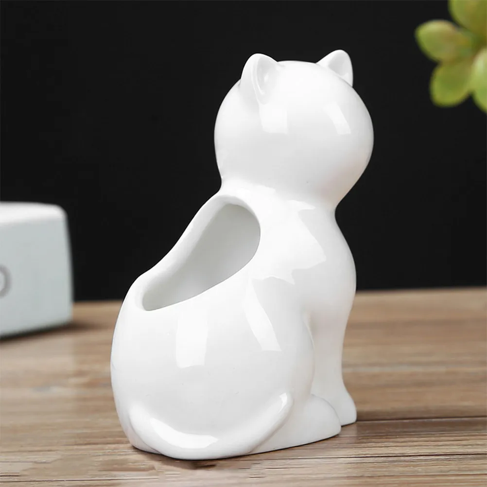 Mini White Ceramic Cat Shape Flower Pot Succulent Plant Pot Cartoon Desktop Container for Home Office Flower Pots for Indoor