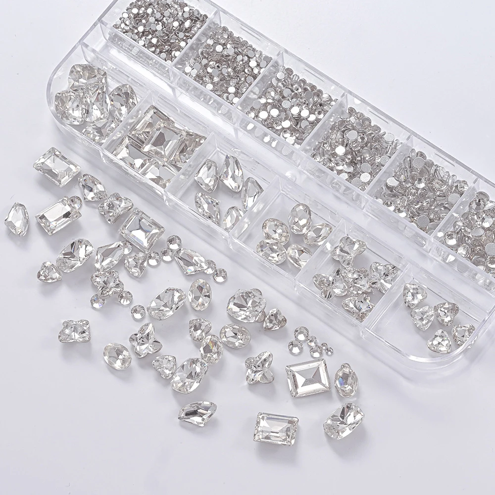 12칸 하트 타원형 사각형 라인스톤 3D 네일 참 K9 크리스탈 유리 믹스 컬러풀 네일 다이아몬드 쥬얼리 네일 공예 장식용