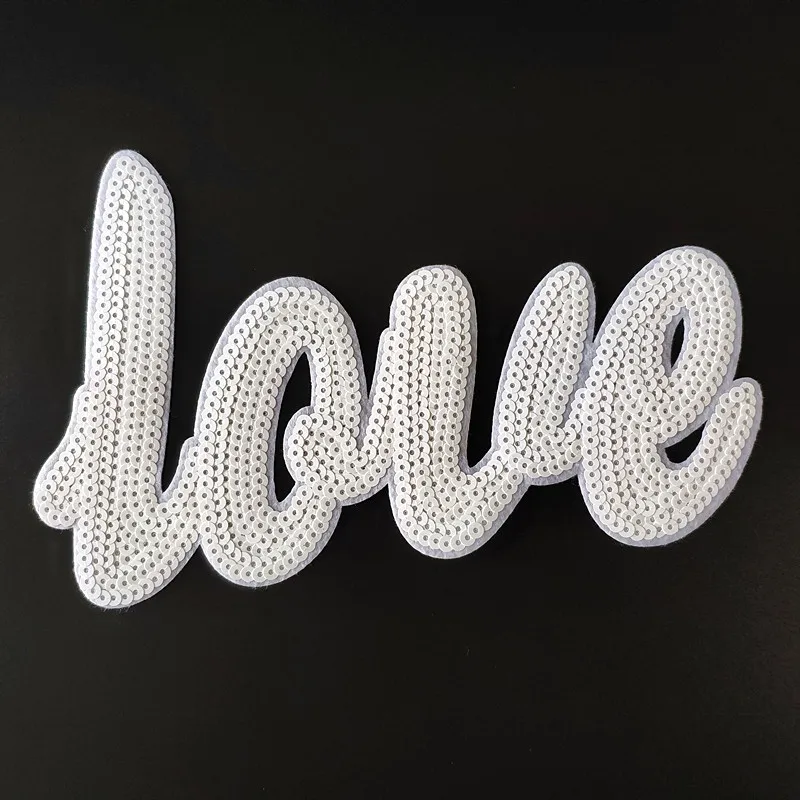 Sparkling LOVE White Sequin Patch DIY Iron-On/Sew-On Applique for Clothing Decoration Sewing Supplies Adds Glamour to Apparel