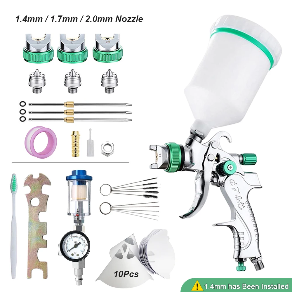 1.4/1.7/2.0/2.5mm 600ml Professioneel HVLP-spuitpistool met drukregelaar, huishoudelijk automatisch verfspuitpistool pneumatisch gereedschap, industriële kwaliteit stalen mondstuk, verffilter