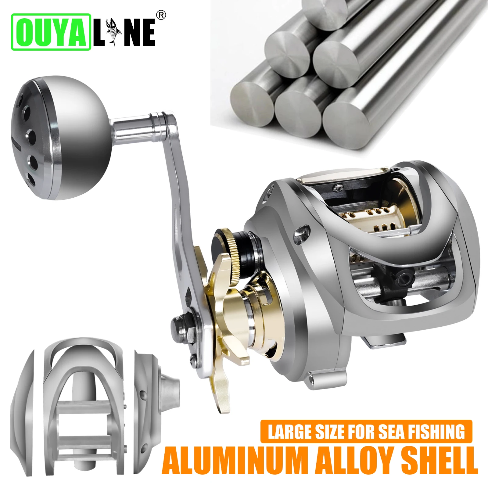 ouyaline baitcasting reel grande pesca de alto mar carretel all aluminum alloy shell e base agua salgada drag waterproof 721 15kg 01