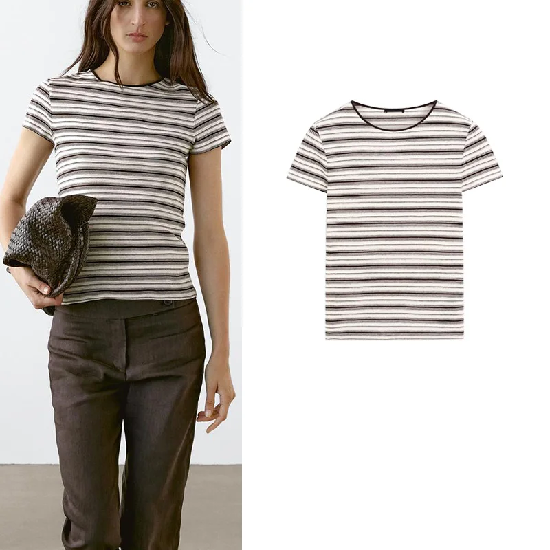 

Хлопковая круглая футболка в полоску в американском стиле ретро Ne ort Sve, женская весна-лето, новый повседневный топ MD 6206545