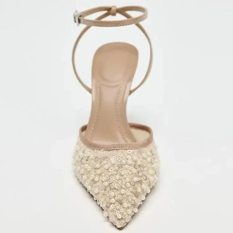 

Bling Sexy Mesh Pointed Toe Pumps Sandals Women Ankle Strap Fashion Banquet Party Shoes Brand Designer Wedding High Heels Women