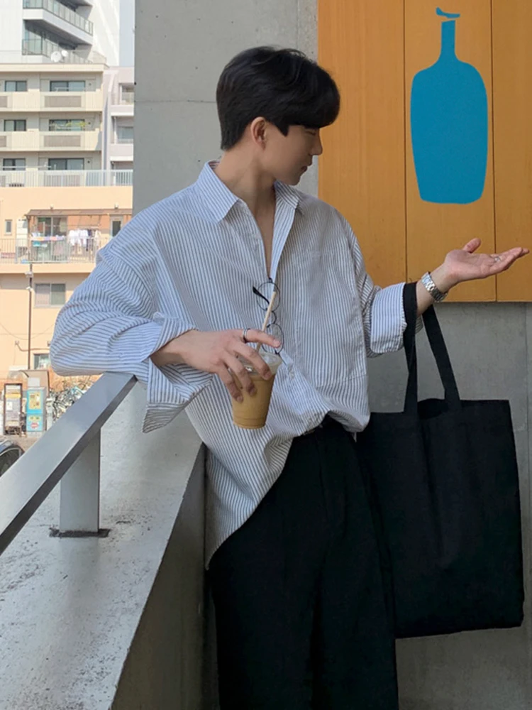 

MRCYC Men's Long Sleeve Striped Shirt Loose Fit Korean Style Versatile Design Casual Shirt Polyester Fiber Autumn Wear