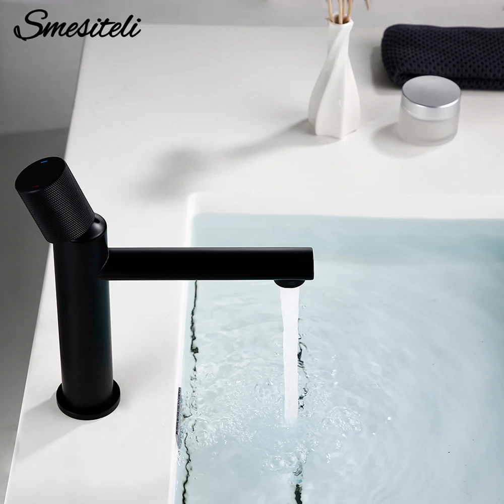 

Черный короткий смеситель Smesiteli, высококачественный латунный Смеситель для раковины в ванной комнате, смеситель для холодной и горячей воды, крепление на раковину