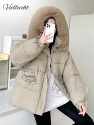 Vielleicht 2024 New Fur Hooded Winter Women Puffer Jacket Parkas Fashion High-Quality Warm Cotton Padded Coat Female Outwear