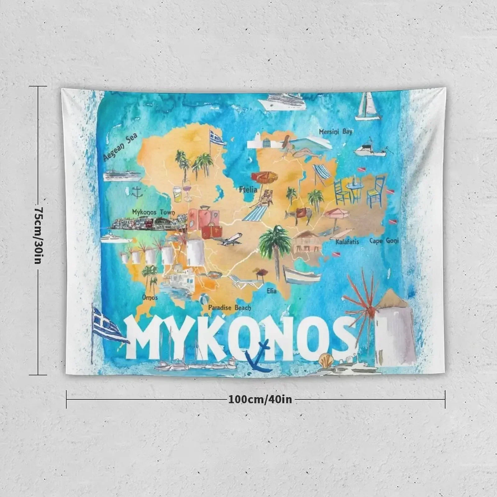 Mykonos Greece Illustrated Map with Main Roads Landmarks and Highlights Tapestry Room Aesthetic Tapestry