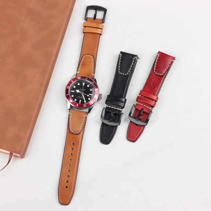 

18mm 20mm 22mm Quick Release Retro Cowhide Leather Watch Strap Black Metal Pin Watch Buckle Bands Replacement Watch Bracelet