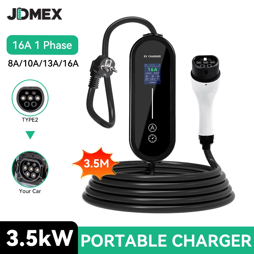 JDMEX 3.5KW Portable EV Charger Type2 Car Charger 16A Fast Charging Button Control EVSE Wallbox 3.5M Cable for Electric Vehicle
