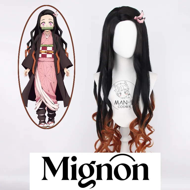 Mignon Nezuko Kamado Cosplay Wig Bleached Curly Hair Free Pink Ribbon Halloween Gift