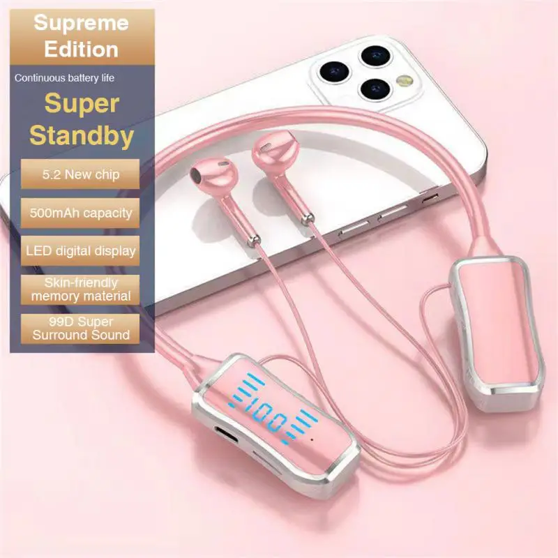 バッテリー寿命の長いワイヤレスヘッドフォン,マイク付きスポーツヘッドセット,ノイズリダクション,5.2