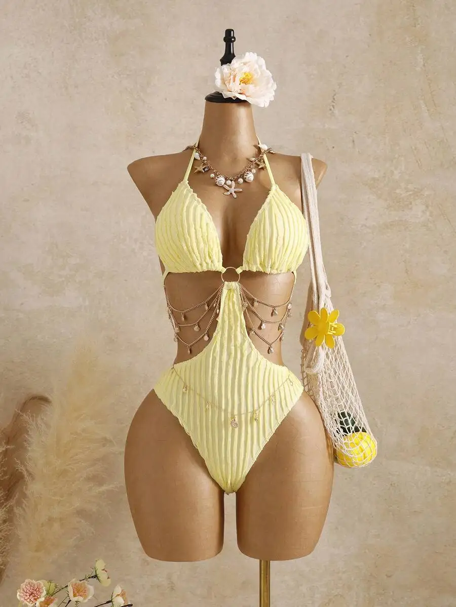 White Ribbed Cut Out Monokini With Chain Detail Halter Neck Swimsuit - view 2
