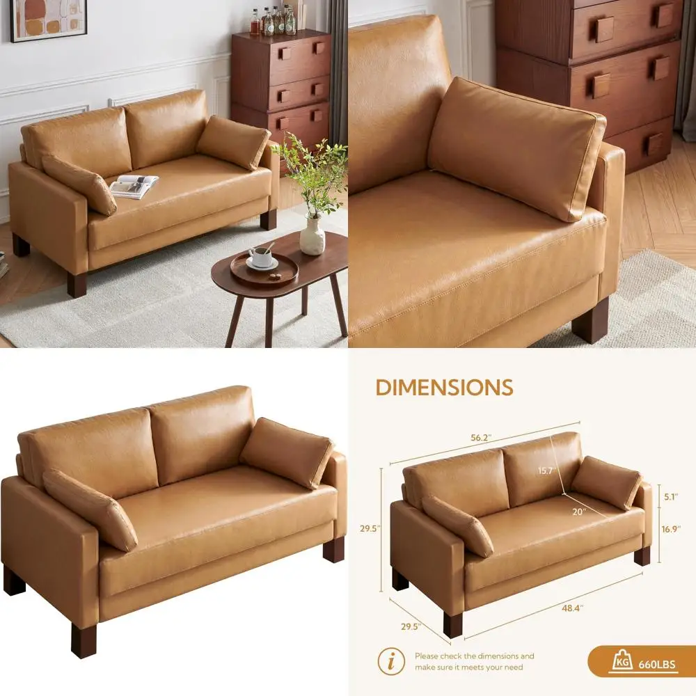 

Two-Seater Tan Faux Leather Loveseat with Wooden Legs and Thick Cushion for Compact Spaces